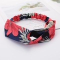 Navy blue twist headband with red floral pattern on white background with magazine - Style 66 Navy Big Floral