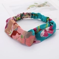 Crossed twisted headband featuring a pink and green floral pattern in soft silky fabric - Style 58 Mixed Pink Floral