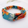 Elastic headband with tropical floral print in blue and orange colors for women - Style 54 Blue Tropical Print