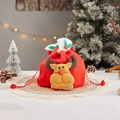 Red Christmas drawstring gift bag with a 3D plush reindeer and festive holly leaf decor - J-39 Red Velvet Deer Bag