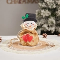 Linen Christmas drawstring gift bag with 3D snowman head and red heart embroidery - J-2 Embroidered Snowman Bag