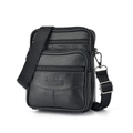 Multifunctional black leather waist bag with shoulder strap and zipper compartments - Black