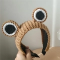 Handmade brown knit headband with cartoon frog eyes for kids, cute hair accessory - Coffee Knitted Frog / Brown