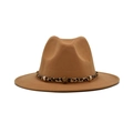 Classic camel wool fedora hat with leopard print band and golden star rivets - M (56-58cm) / Camel