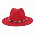 Red wide brim fedora hat featuring leopard print band with a golden star buckle - M (56-58cm) / Orange Red