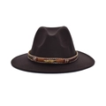 Dark brown wool fedora hat with Bohemian woven band and golden feather pendant - Coffee