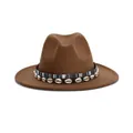 Dark brown wool fedora hat featuring ethnic woven band and natural seashell accents - M (56-58cm) / Khaki