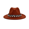 Rust red wide brim fedora hat with ethnic blue stripes and shell trim decoration - M (56-58cm) / Caramel color