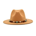 Kamelfarbener Fedora Hut mit breiter Krempe und Boho-Band mit Türkis und Muscheln - M (56-58cm) / Camel