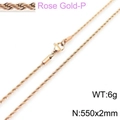 Rose gold twisted rope chain necklace for men and women, 550mm x 2mm stainless steel jewelry - 2mm Width 55cm Length (KN228811-Z)