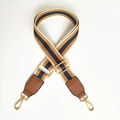 Adjustable woven shoulder strap with beige, brown stripes and gold metal hardware - Khaki + Brown Leather