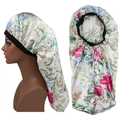 Cuffia da notte lunga in raso con stampa floreale e ampia fascia elastica per capelli - Fiori Bianchi
