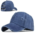 Distressed navy blue ponytail baseball cap with washed denim finish and elastic back - Washed Navy