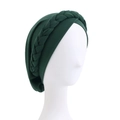 Detail of dark green turban cap showing elastic fabric and thick braided headband decoration - Dark Green