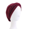 Detail of wine red turban cap featuring elastic fabric and braided twist design - Wine Red