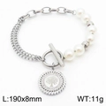 Silver steel bracelet with white pearls, Tree of Life charm, and cubic zirconia crystals - Silver Bracelet