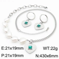 Conjunto joyas acero plata con corazones de circón verde y collar de perlas - Conjunto Color Acero (KS216295-KSP)