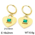 Gold plated heart earrings with green glass stone and measurement details 21x19mm - Gold Heart Radiant Pattern (KE109424-KSP)