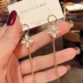 Elegant long gold tassel earrings with opal flower petals and cubic zirconia stones - 41# Gold Flower Tassel Earrings