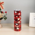 Detailed view of 20oz stainless steel tumbler with Buffalo plaid and Christmas motifs - Red and Black Plaid Christmas