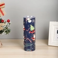 Detail shot of blue 20oz stainless steel Christmas tumbler with Santa and snowman patterns - Blue Snowman Merry Christmas