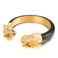 Men's retro dragon head open bracelet in gold stainless steel and black leather strap - Style B Gold (KB129867-BDJX)