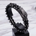 Pulsera punk de cuero trenzado negro con calaveras vintage plateadas y cierre de herradura - Estilo de Calavera (KB97937-BD)