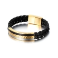 Braided black leather bracelet with silver and gold metal plates shown from a 45-degree angle - Gold (KB114133-KFC)