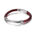Bracciale intrecciato in pelle rossa da uomo con tubo metallico geometrico con diamanti - 21cm / Pelle Rossa Colore Acciaio (KB112425-K)