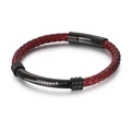 Bracciale da uomo in pelle intrecciata rossa con barra curva nera in metallo e piccoli strass - 21cm / Pelle Rossa Colore Nero (KB111847-K)