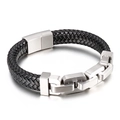Herren Armband aus geflochtenem Leder mit Gliederkette aus Edelstahl und Magnetverschluss - 21.5cm / Matter Stahl