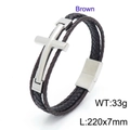 Bracciale multistrato in pelle intrecciata marrone da uomo con croce d'argento e chiusura magnetica - Pelle Marrone / Croce Argento