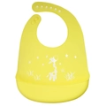 Adjustable yellow silicone baby bib with white giraffe pattern and large food catcher - Giraffe - Goose Yellow