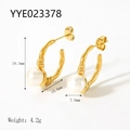 18K gold plated C-shaped stainless steel earrings with elegant white pearl accents - Pearl Embellished Arc Style (YYE023378)