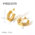 18K gold-plated bamboo hoop earrings featuring sparkling rhinestones and C-shape texture - Bamboo Shape Rhinestone Style (YYE023379)