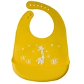 Adjustable yellow silicone baby bib with a cute white giraffe pattern and food catcher - Giraffe - Vibrant Light Orange