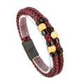 Men's double-layered woven red leather bracelet with gold beads and black magnetic clasp - Golden Beads Decoration Style (KB93849-BD)