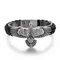 Men's stainless steel eagle totem bracelet with black braided leather and silver clasp - Eagle Style Black Woven Style (KB99508-K) / 19cm