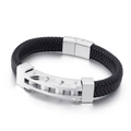 Men's braided leather bracelet with silver stainless steel industrial mechanical link - 19cm / Steel Color (KB152577-KFC)