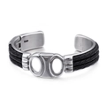 Men's punk C-shaped braided leather and stainless steel hollow pig nose cuff bracelet - Silver Black Woven Hollow Pig Nose Open Style (KB99432-BD)