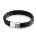 Men's woven leather bracelet with matte stainless steel magnetic clasp in black - Silver (KB135316-KFC)