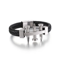 Minimalist black braided leather bracelet with silver stainless steel nail charm and clasp - Silver (KB128466-KFC) / 21.5cm