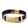 Bracelet pour homme en cuir tressé noir avec symbole maçonnique en acier inoxydable doré - 21cm