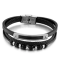 Pulsera multicapa para hombre de cuero negro trenzado con cuentas y cierre de acero - Estilo B / 21.5cm / Color Acero
