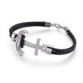 Men's black braided leather anchor bracelet with silver finish and white zircon stones - Steel Color (19cm) (KB117803-KFC)