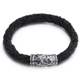 Men's black braided leather bracelet with Masonic silver stainless steel magnetic clasp - Black Braided Style (KB58446-D)