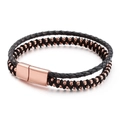 Double-layer men's braided leather bracelet with rose gold stainless steel beads and clasp - Rose Gold (KB110735-K)