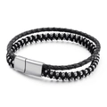 Men's double-layer black leather woven bracelet with silver stainless steel beads - Steel Color (KB110733-K)