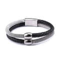 Double-layer braided leather bracelet with silver metal mesh rope and magnetic clasp - Steel Color (KB93848-BD)