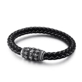 Pulsera trenzada de cuero negro con dije de calavera plateada y hebilla metálica - 22cm / Blanco (KB85132-BD)